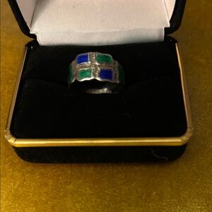 Sterling Silver Ring with Blue and Green Inlaid Stones.